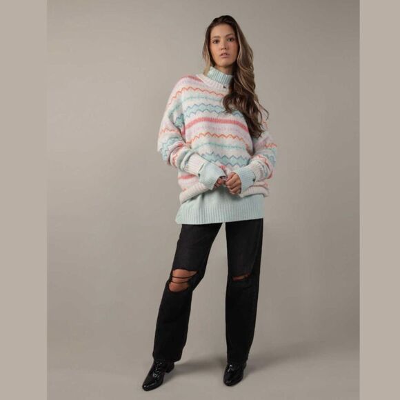 American Eagle Fair Isle Knit Oversized Multicolor Crewneck Sweater Small Womens - Picture 1 of 7
